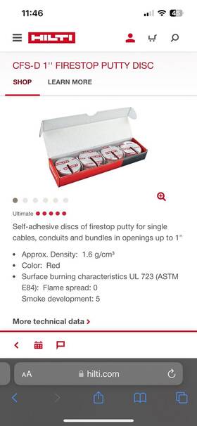 Hilti 7613023968641 Cfs-d 1 Inch Fire Stop Cable/putty Disc 48 Boxes Of 32 Pieces A Box