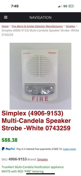 S4906-9153 Simplex 4906-9153 Speaker Strobe White Milti Candela New In Unopened Box