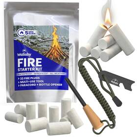 Fss-33pc Wallaby Fire Starter Kit - 33 Waterproof Plugs In Metal Tin Flint Rod Strik