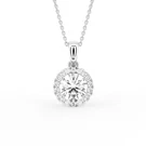 18K White Gold Lab Grown Blue Diamond Halo Pendant, Elegant Round Cut. Fixed Price $1892.00.